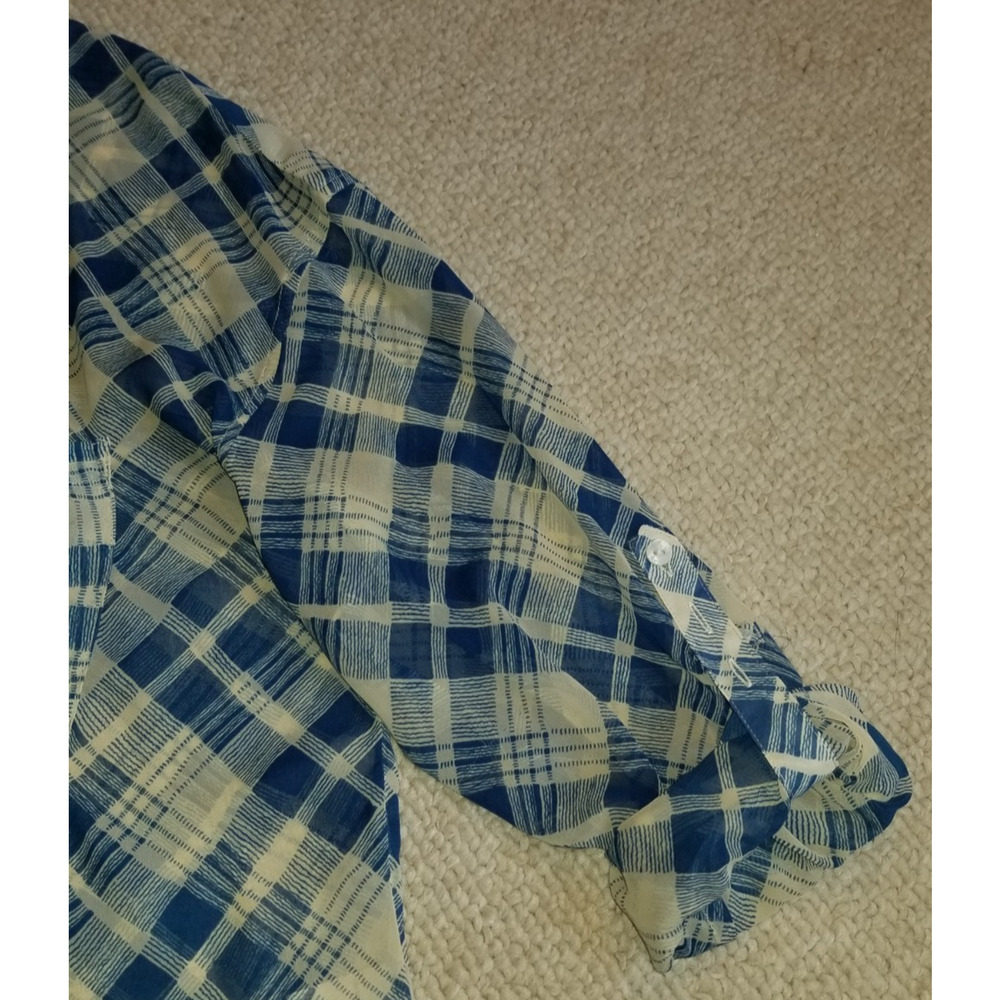 Womens Top-FREE PEOPLE-blue/ivory plaid gingham silky sheer high-low button-up-S - Picture 4 of 6